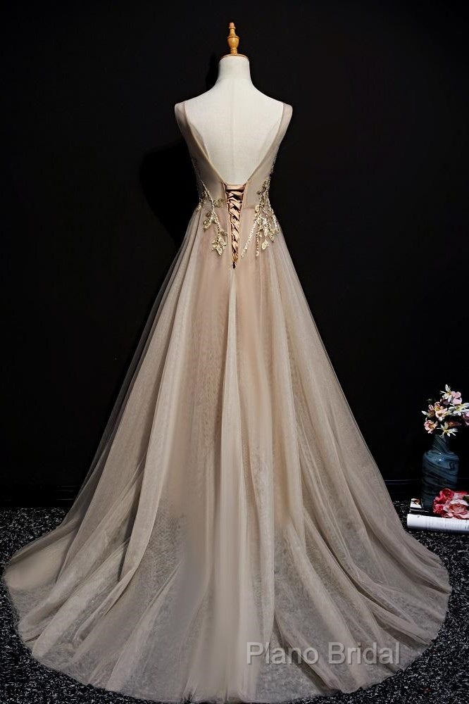 Champagne Tulle V-Neckline Long Lace Formal Prom Dresses, A-Line Formal Gown Party Dresses Secondary image