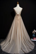 Champagne Tulle V-Neckline Long Lace Formal Prom Dresses, A-Line Formal Gown Party Dresses