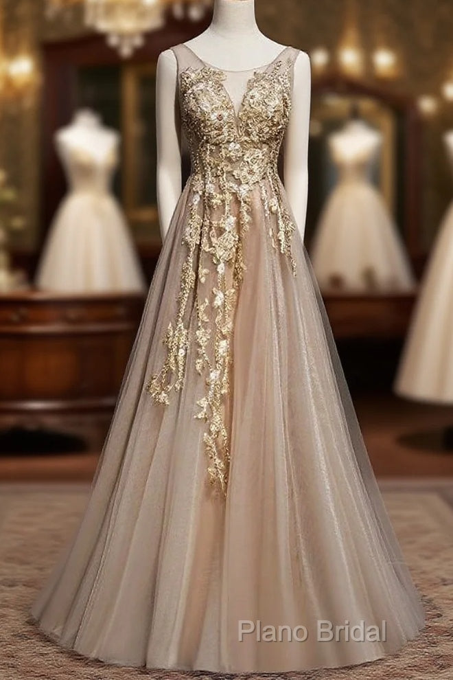 Champagne Tulle V-Neckline Long Lace Formal Prom Dresses, A-Line Formal Gown Party Dresses