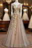 Champagne Tulle V-Neckline Long Lace Formal Prom Dresses, A-Line Formal Gown Party Dresses
