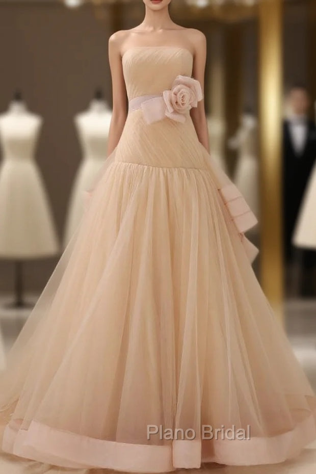 Champagne Tulle With Flower Strapless Backless Wedding Dresses Main image