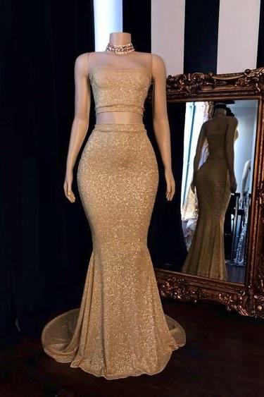 Champagne Two-Piece Strapless Long Mermaid Prom Dresses With Choker Secondary image