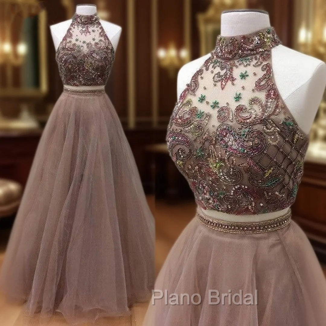 Champagne Two Pieces Beads Long Formal Prom Dresses, Evening Dresses