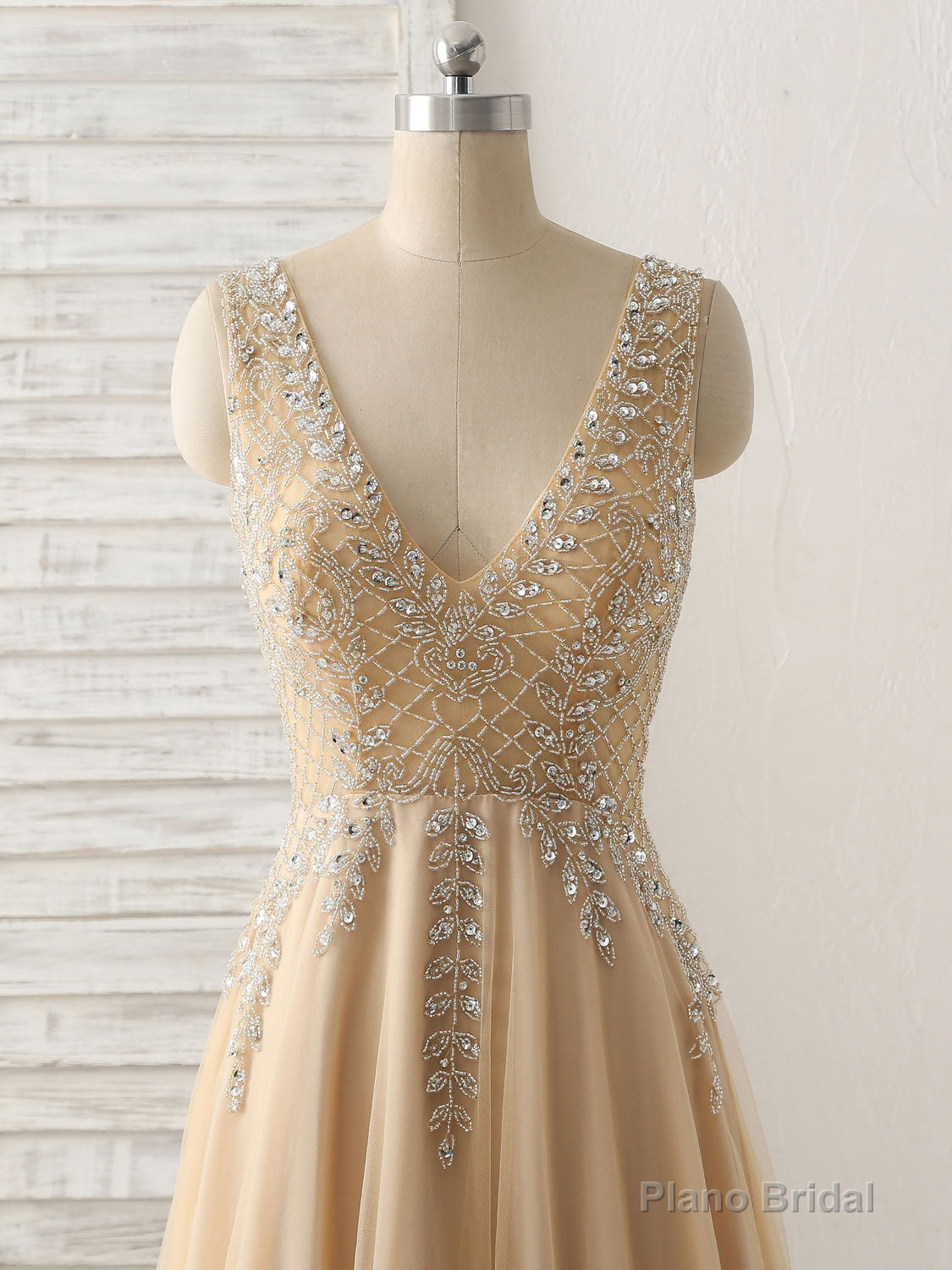 Champagne V Neck Beads Long Prom Dress Tulle Evening Dress Secondary image