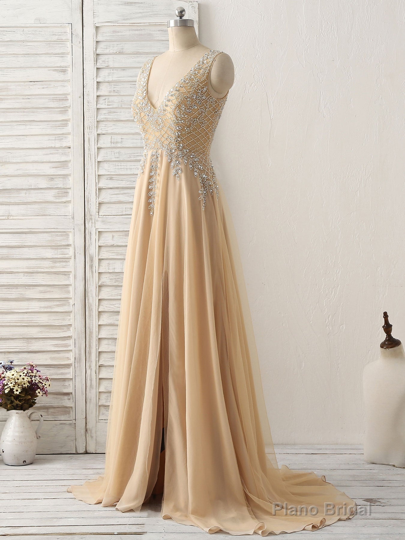 Champagne V Neck Beads Long Prom Dress Tulle Evening Dress Main image