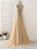Champagne V Neck Beads Long Prom Dress Tulle Evening Dress