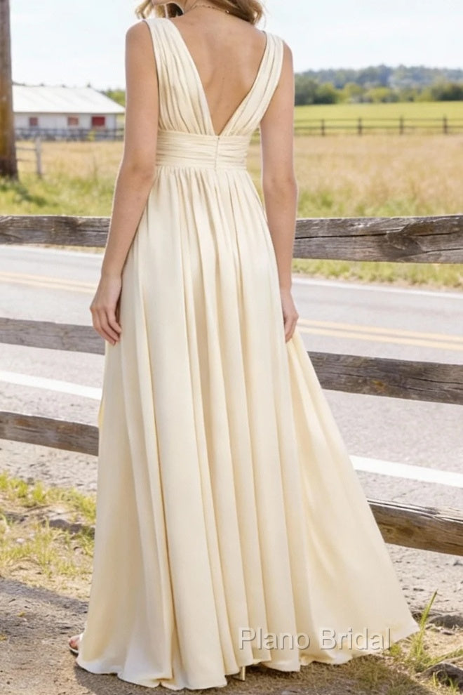 Champagne V Neck Chiffon Floor Length Bridesmaid Dresses Long Bridesmaid Dress With Pleated Split Secondary image