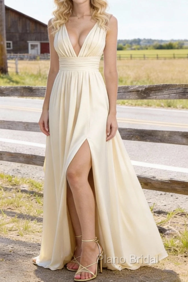Champagne V Neck Chiffon Floor Length Bridesmaid Dresses Long Bridesmaid Dress With Pleated Split Main image