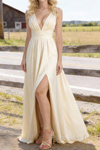 Champagne V Neck Chiffon Floor Length Bridesmaid Dresses Long Bridesmaid Dress With Pleated Split