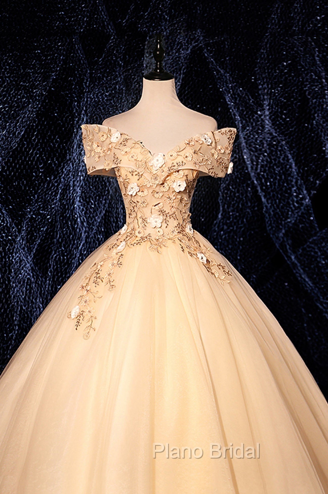 Champagne V-Neck Lace Long Ball Gown, Off the Shoulder Formal Evening Dresses Secondary image