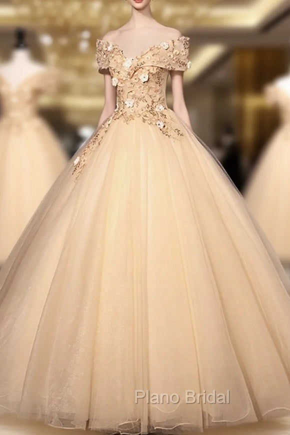 Champagne V-Neck Lace Long Ball Gown, Off the Shoulder Formal Evening Dresses