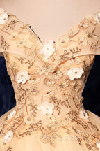 Champagne V-Neck Lace Long Ball Gown, Off the Shoulder Formal Evening Dresses