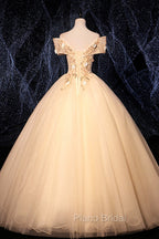 Champagne V-Neck Lace Long Ball Gown, Off the Shoulder Formal Evening Dresses
