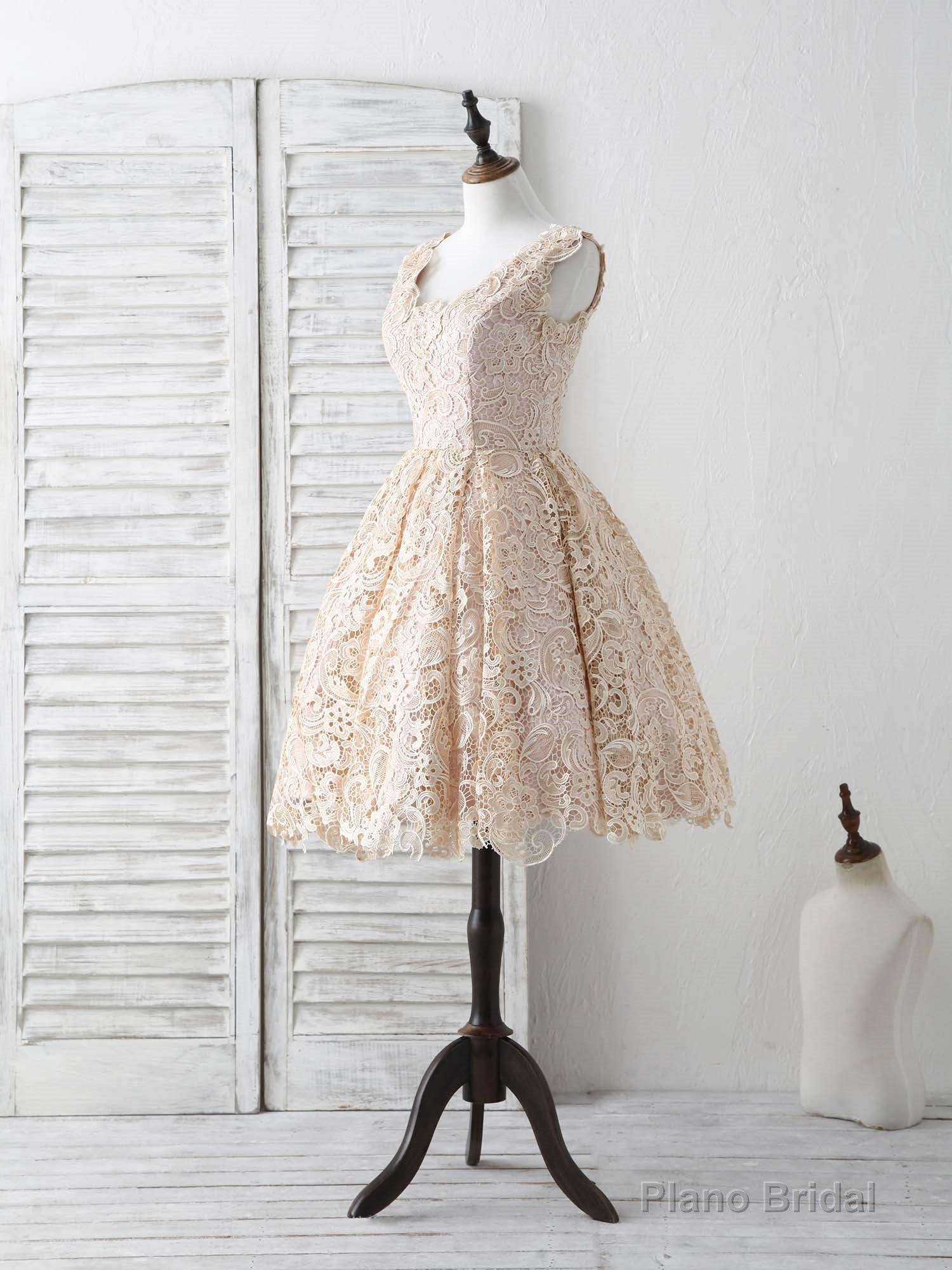 Champagne V Neck Lace Short Prom Dress Champagne Bridesmaid Dress Main image