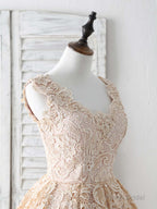 Champagne V Neck Lace Short Prom Dress Champagne Bridesmaid Dress