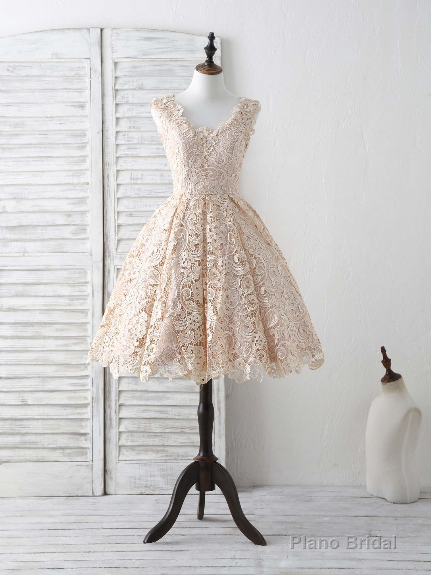 Champagne V Neck Lace Short Prom Dress Champagne Bridesmaid Dress Secondary image