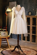 Champagne V-Neck Lace Short Formal Prom Dresses, Lovely A-Line Evening Party Dresses