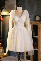 Champagne V-Neck Lace Short Formal Prom Dresses, Lovely A-Line Evening Party Dresses
