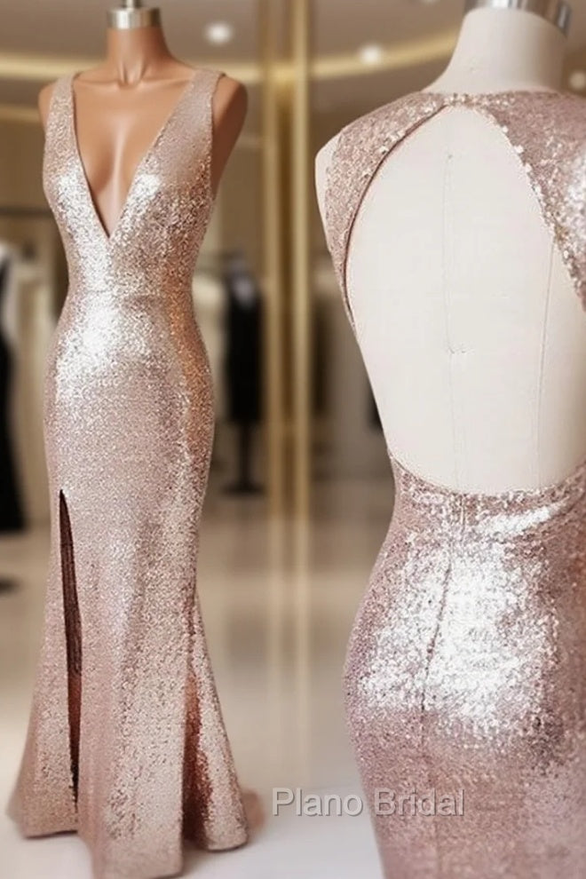 Champagne V Neck Sequin Open Back Long Formal Prom Dresses