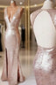 Champagne V Neck Sequin Open Back Long Formal Prom Dresses