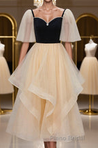 Champagne V Neck Tea Length Formal Prom Dresses, Tea-Length Formal Graduation Dresses