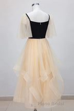 Champagne V Neck Tea Length Formal Prom Dresses, Tea-Length Formal Graduation Dresses