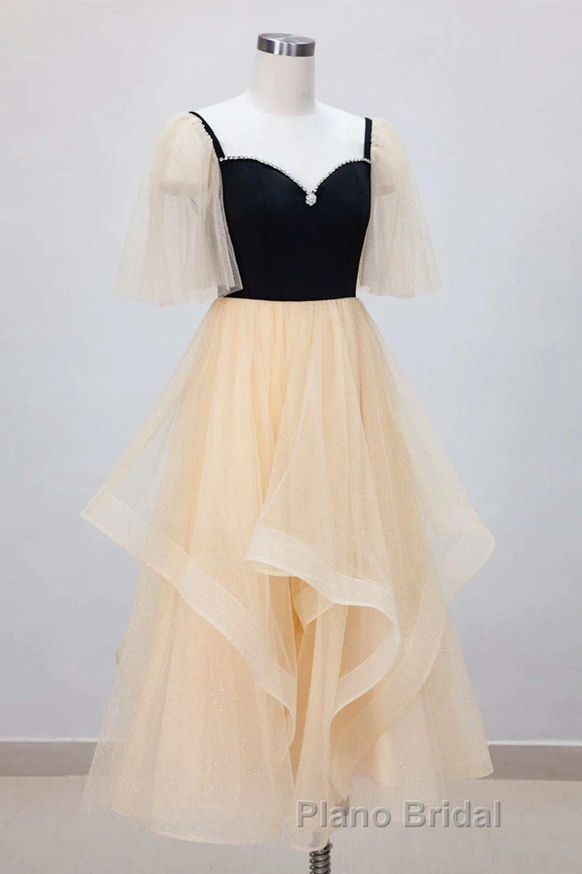 Champagne V Neck Tea Length Formal Prom Dresses, Tea-Length Formal Graduation Dresses