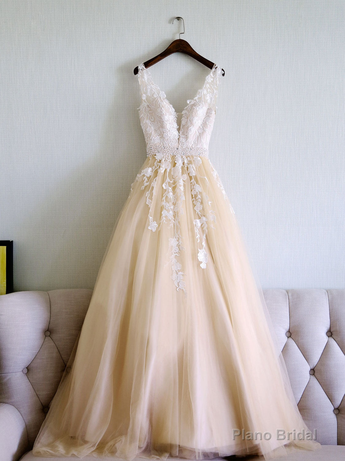 Champagne V Neck Tulle Lace Applique Long Prom Dress, Evening Dress Main image