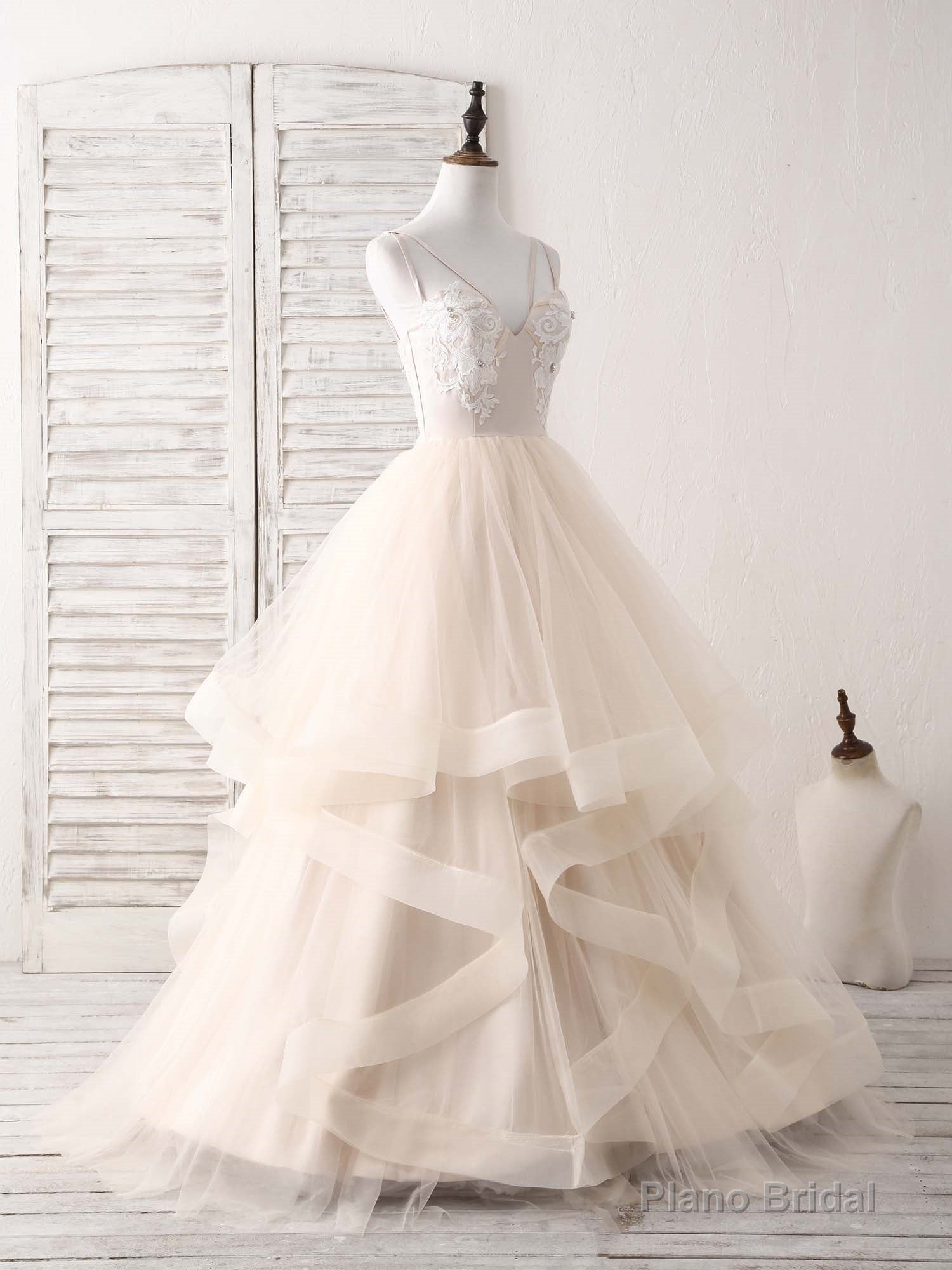 Champagne V Neck Tulle Lace Applique Long Prom Dress Sweet 16 Dress Main image