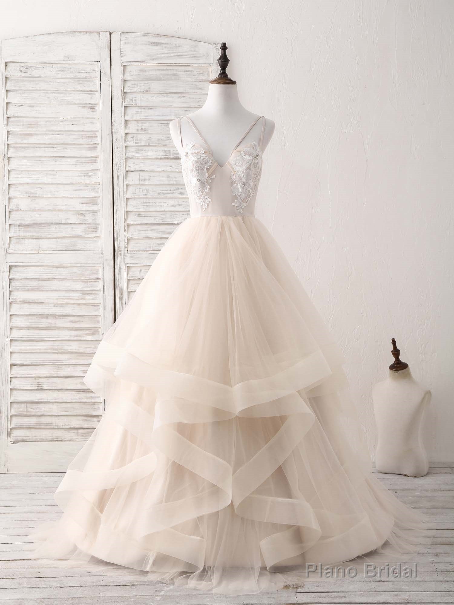 Champagne V Neck Tulle Lace Applique Long Prom Dress Sweet 16 Dress Secondary image