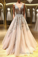 Champagne v neck tulle lace beads long Formal Prom dress tulle formal dress