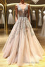 Champagne v neck tulle lace beads long Formal Prom dress tulle formal dress