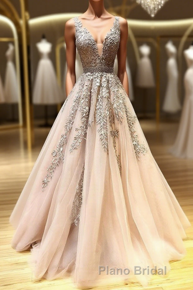 Champagne v neck tulle lace beads long Formal Prom dress tulle formal dress Main image
