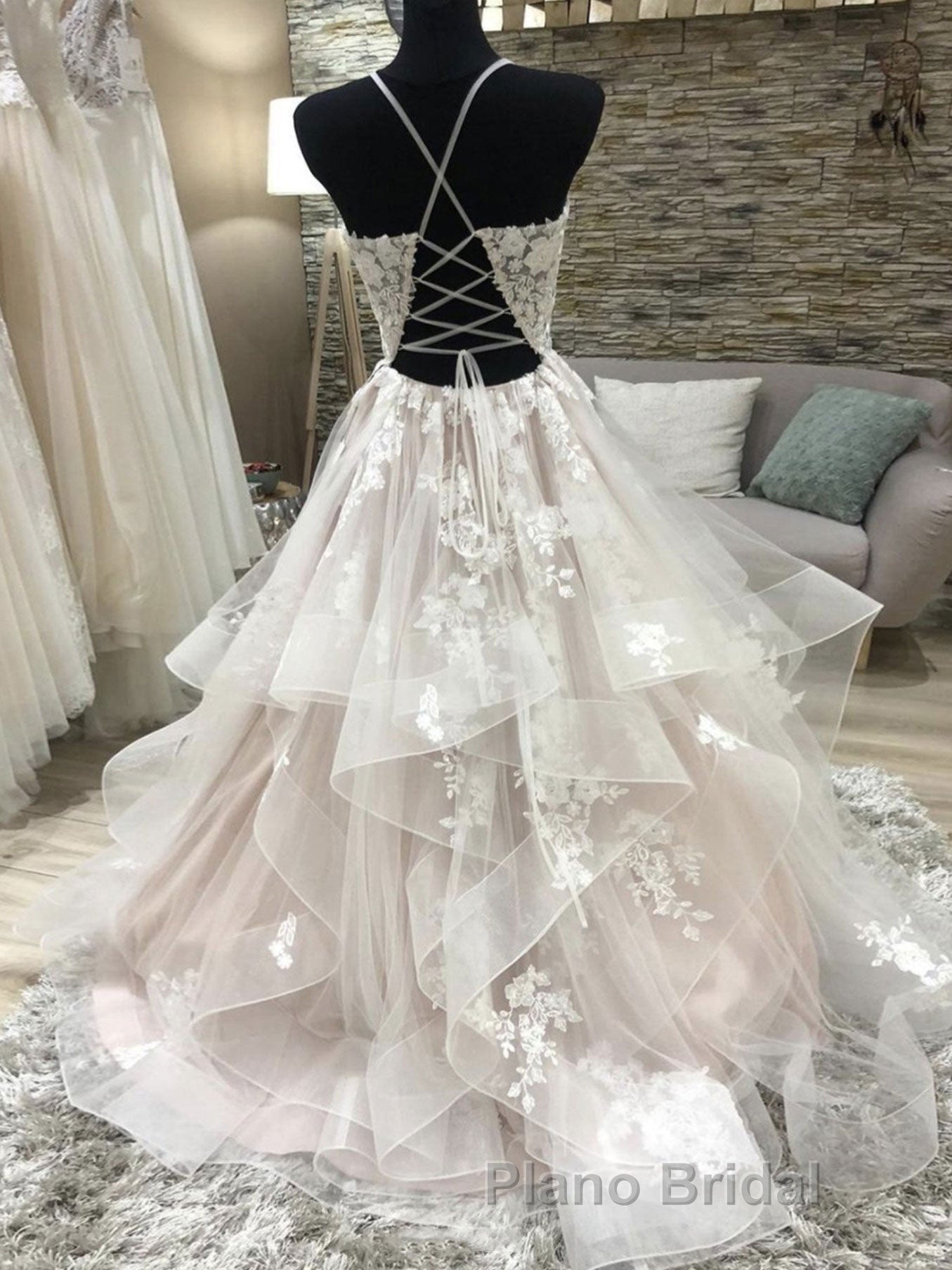 Champagne v neck tulle lace long Formal Prom dress, champagne evening dress