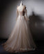 Champagne V Neck Tulle Lace Long Formal Prom Dresses, Champagne Formal Evening Dresses