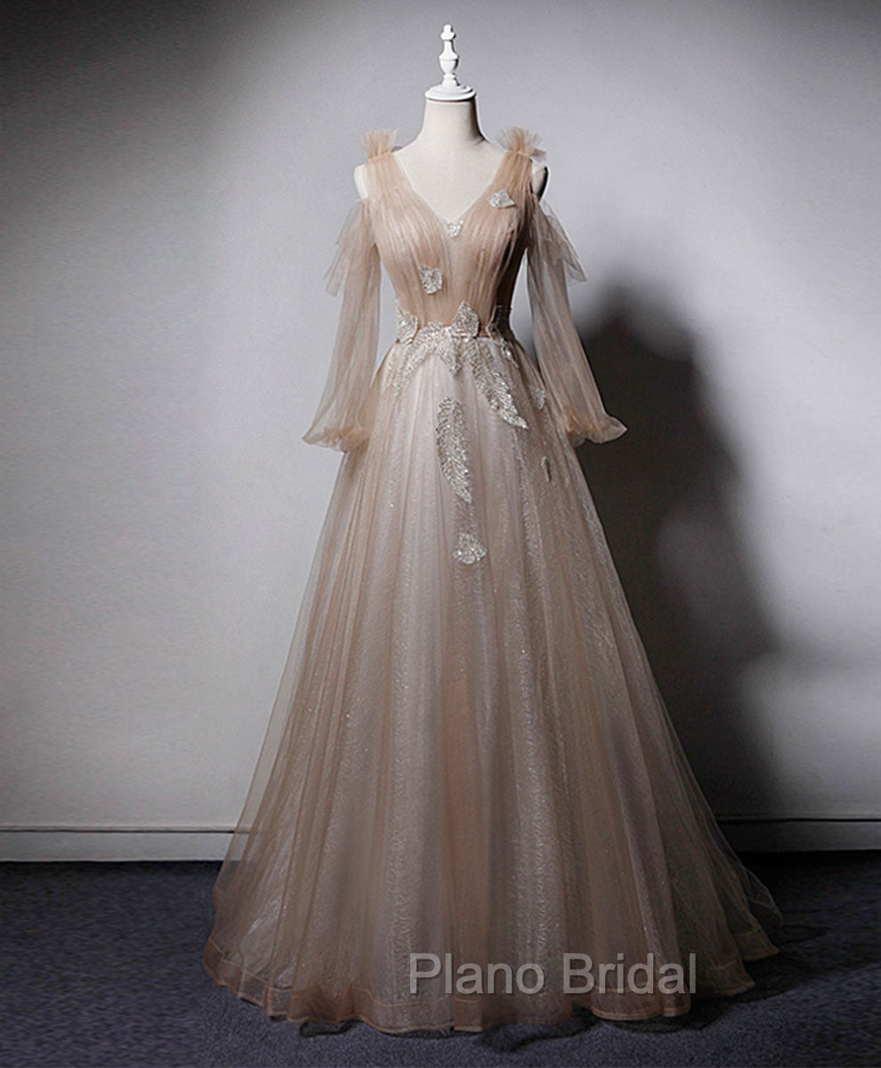Champagne V Neck Tulle Lace Long Formal Prom Dresses, Champagne Formal Evening Dresses