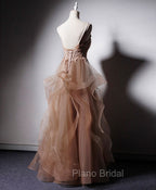 Champagne V Neck Tulle Lace Long Formal Prom Dresses, Champagne Graduation Dresses