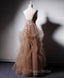 Champagne V Neck Tulle Lace Long Formal Prom Dresses, Champagne Graduation Dresses
