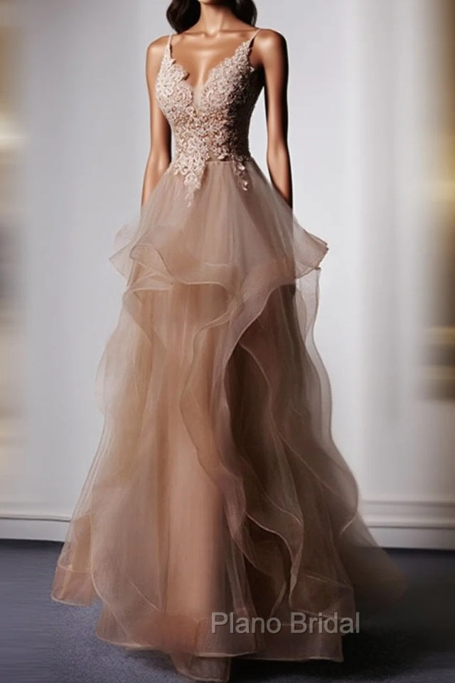 Champagne V Neck Tulle Lace Long Formal Prom Dresses, Champagne Graduation Dresses