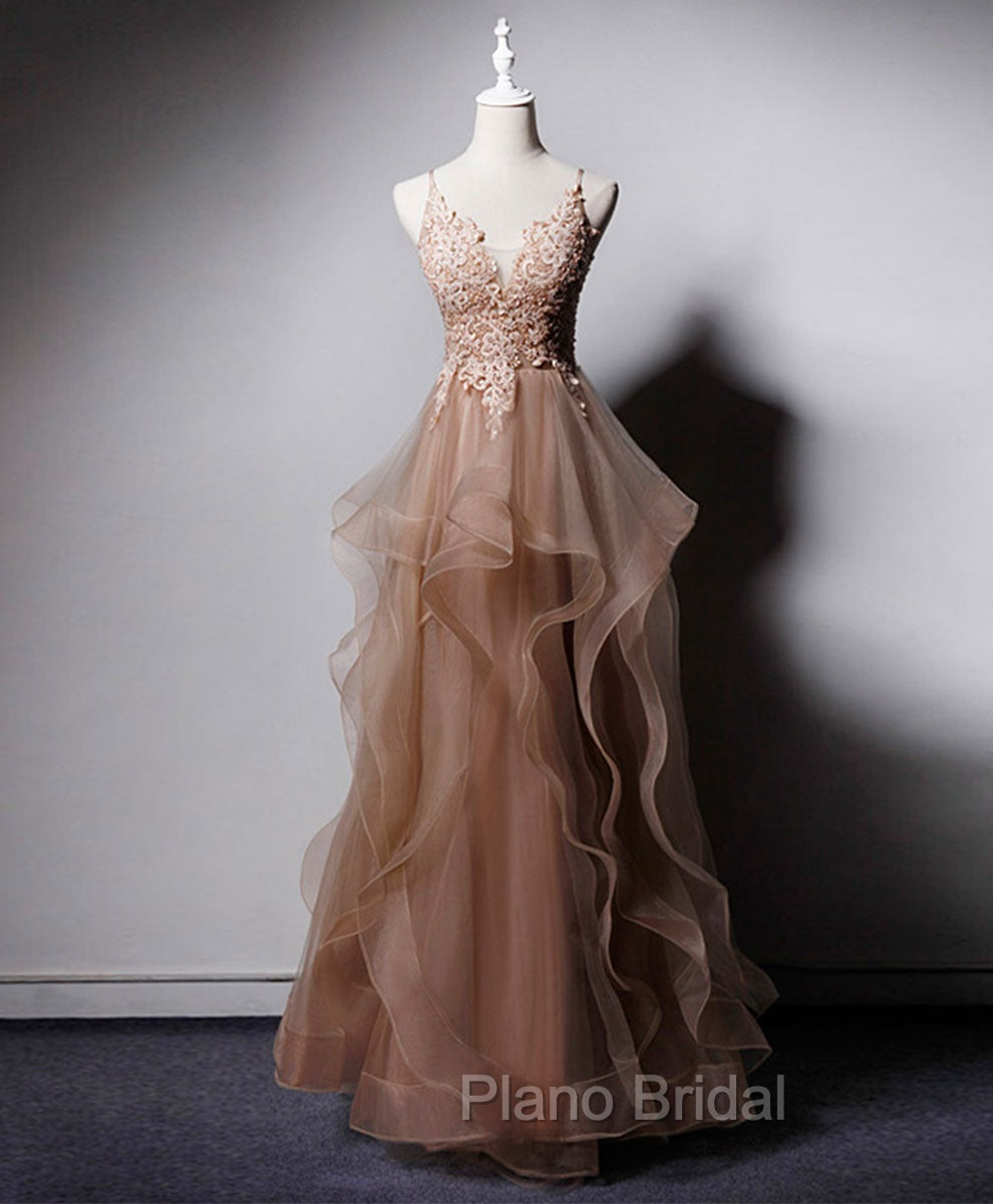 Champagne V Neck Tulle Lace Long Formal Prom Dresses, Champagne Graduation Dresses