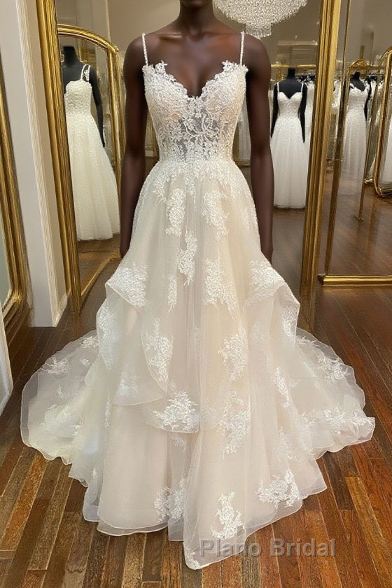 Champagne v neck tulle lace long Formal Prom dress, champagne lace evening dress Main image