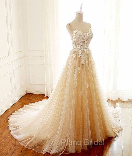 Champagne V Neck Tulle Lace Long Formal Prom Dresses, Champagne Tulle Evening Dresses
