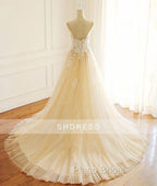Champagne V Neck Tulle Lace Long Formal Prom Dresses, Champagne Tulle Evening Dresses