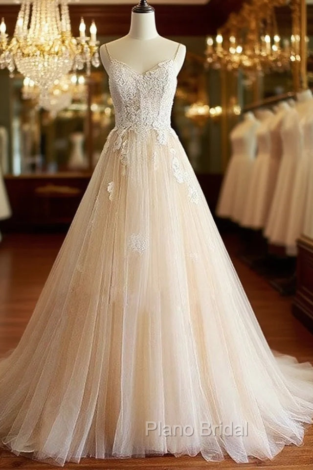 Champagne V Neck Tulle Lace Long Formal Prom Dresses, Champagne Tulle Evening Dresses Main image