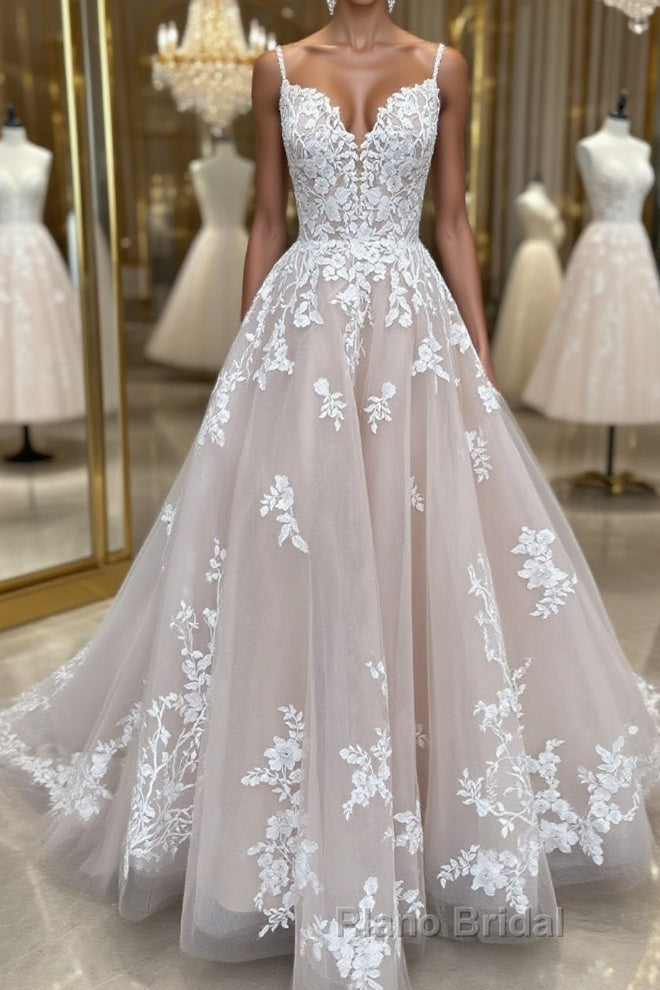 Champagne v neck tulle lace long Formal Prom dress lace tulle formal dress Main image