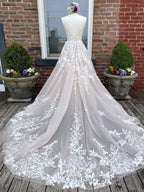 Champagne v neck tulle lace long Formal Prom dress lace tulle formal dress