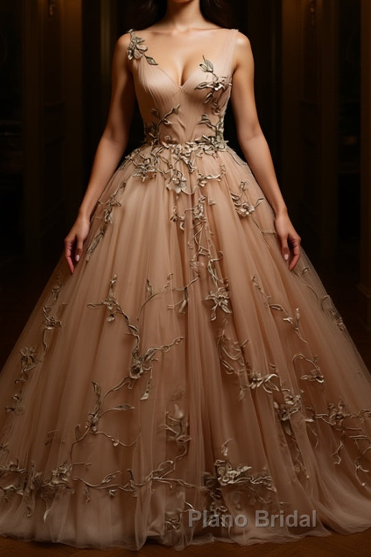 Champagne v neck tulle lace Formal Prom dress, champagne tulle evening dress Main image