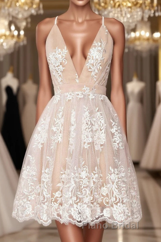 Champagne v neck tulle lace short Formal Prom dress champagne tulle bridesmaid dress