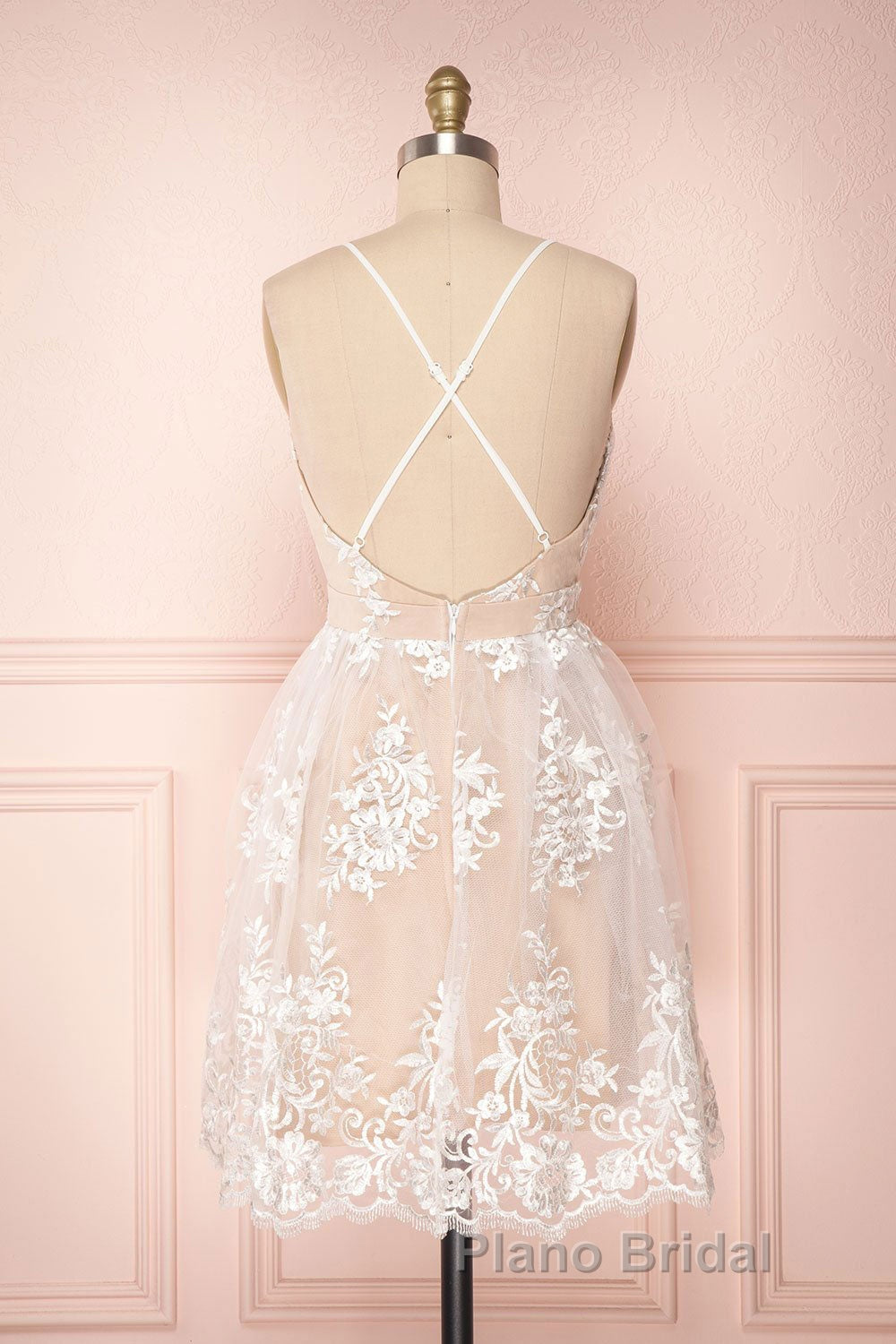 Champagne v neck tulle lace short Formal Prom dress champagne tulle bridesmaid dress