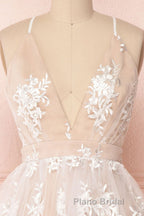 Champagne v neck tulle lace short Formal Prom dress champagne tulle bridesmaid dress